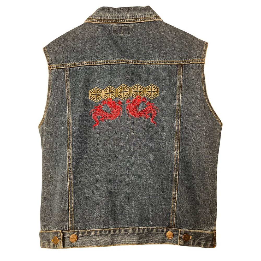 Orbit X Women's Size 12/14 Denim Vest Button-up Dragon Embroidery 100% Cotton